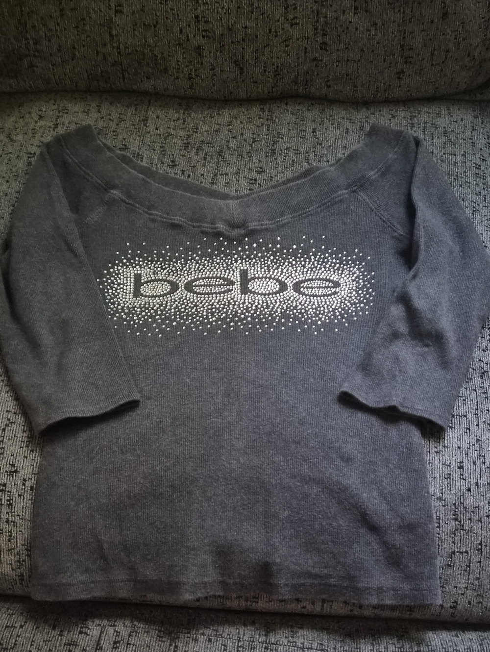 bebe Dark Gray Off-Shoulder Crystal Logo Sweater Top